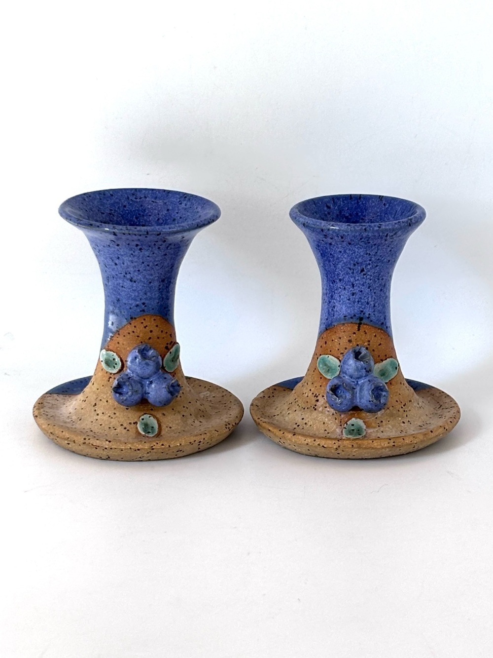 Set of Studio Pottery Candle Holders with Blueberries Signed *small chip*